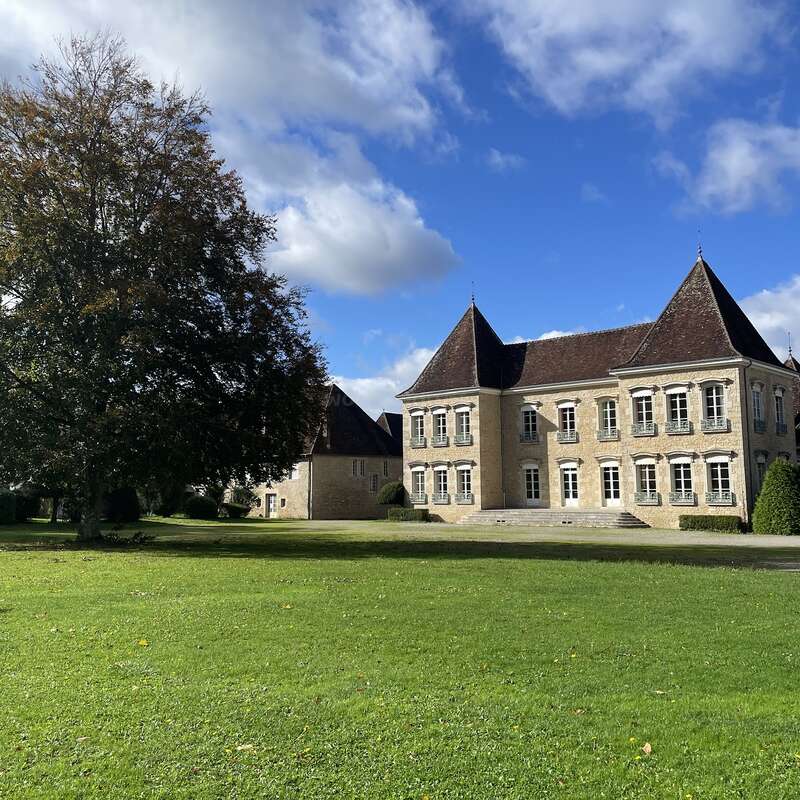 Ein prächtiges, historisches Gebäude mit steilen Dächern steht neben einer großen grünen Wiese und einem hohen Baum unter einem strahlend blauen Himmel voller weißer Wolken.