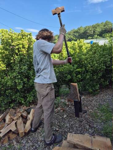 Una persona con guantes y Crocs está partiendo leña al aire libre con un hacha. En el suelo hay montones de troncos cortados, rodeados de frondosos arbustos verdes.