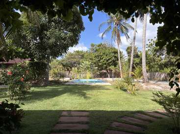 Un jardin luxuriant avec de l'herbe verte, des plantes tropicales, des fleurs d'hibiscus et des palmiers entoure une petite piscine bleue sous un ciel lumineux et partiellement nuageux.