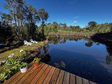 A serene pond reflects the blue sky, surrounded by lush trees. Two white lounge chairs sit on grassy shore; potted plants decorate a wooden deck in foreground.