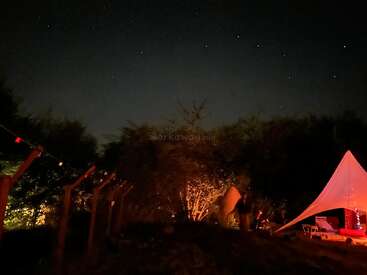Um céu noturno estrelado acima de um acampamento com uma barraca brilhante, cadeiras aconchegantes, luzes de cordas e árvores iluminadas por uma fogueira quente, criando uma atmosfera tranquila.