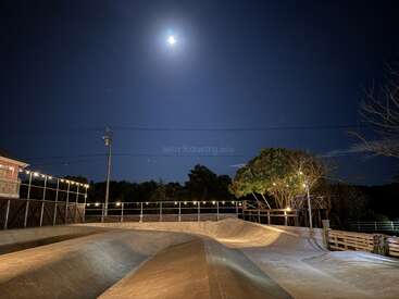Un skatepark iluminado por la luna se queda vacío por la noche, iluminado por suaves cuerdas de luces. Los árboles rodean las suaves rampas de hormigón, creando un ambiente tranquilo y acogedor.