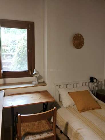 This cozy room features a single bed with yellow bedding, a wooden desk and chair, a window with greenery outside, and minimalist decor on white walls.