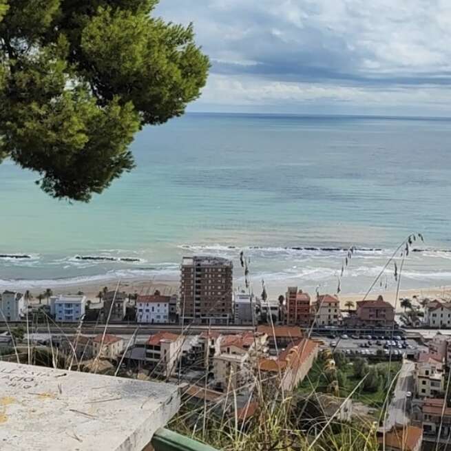 La photo montre une ville côtière paisible avec des bâtiments situés près du rivage. La mer calme s'étend à perte de vue, sous un ciel partiellement nuageux et des branches d'arbres verdoyantes.