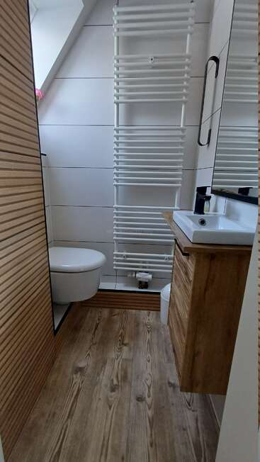 This is a modern bathroom with wood accents, a floating toilet, narrow sink, heated towel rail, large mirror, and natural light from a skylight window.