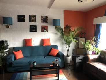 L'image représente un salon confortable avec un canapé bleu, une table basse et diverses plantes, avec un mur de briques blanches et un mur d'accent orange vif.