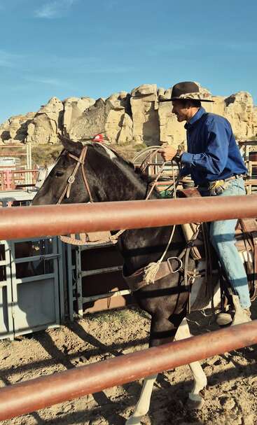 Un vaquero con camisa azul y sombrero monta un caballo negro dentro de una pista de rodeo vallada, con acantilados rocosos y cielo azul al fondo.