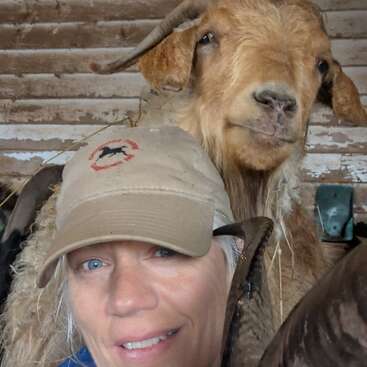 A smiling woman wearing a tan cap takes a close-up selfie with a friendly, light-brown goat inside a rustic barn with wooden walls in the background.