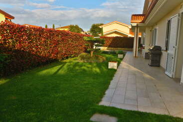 Ein gepflegter Garten verfügt über eine geflieste Terrasse, einen grünen Rasen, einen formgeschnittenen Baum, eine rotblättrige Hecke, ein modernes Haus mit weißen Fensterläden und einen Grill.