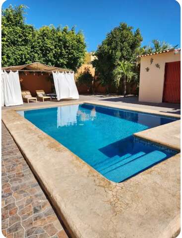 Uma piscina serena no quintal é cercada por uma calçada de pedra, espreguiçadeiras sob um dossel, árvores verdes e um pequeno prédio bege com uma porta vermelha.