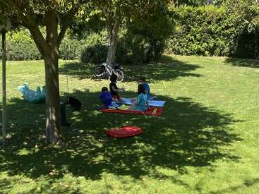 Four children sit on blankets under a tree, enjoying a picnic in a sunny park. A bicycle, swing, and toy animal are nearby on the grass.