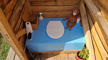 Esta imagem mostra um banheiro externo de madeira rústica com base azul, assento branco, rolos de papel, frasco de spray, macaco de pelúcia, cesta pequena e vasos de plantas.
