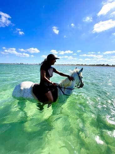 Une personne chevauche un cheval blanc dans des eaux turquoise cristallines, sous un ciel d'un bleu éclatant, profitant d'une journée ensoleillée parsemée de nuages et avec le rivage au loin.