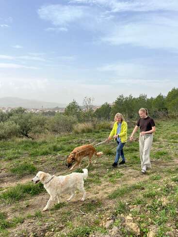 Two women are walking two dogs along a grassy, dirt path surrounded by greenery, with a scenic view of hills, a distant town, and blue sky.