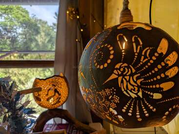 Two intricately carved, illuminated gourds display beautiful bird designs. Soft natural light enters through a window, highlighting the cozy, artistic indoor setting with nature visible outside.