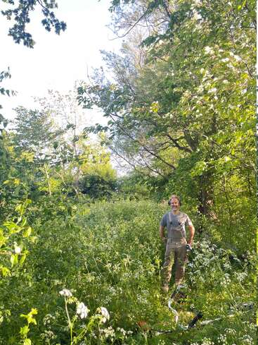 Un homme en bleu de travail se tient dans un champ luxuriant et ensoleillé, entouré de grandes plantes vertes et d'arbres. Des fleurs sauvages fleurissent et des outils de jardinage sont posés à proximité.