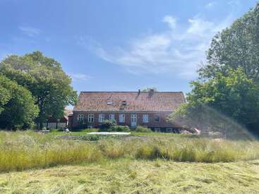 Une charmante maison de campagne est entourée d'herbes hautes et d'arbres luxuriants sous un ciel bleu éclatant, rayonnant de paix et de tranquillité rurale lors d'une journée ensoleillée.