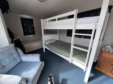 A cozy room with blue carpet, white bunk bed, single bed, light blue armchair, wooden nightstand, black curtains, and a curious cat on the floor.