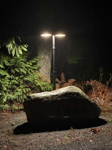 Ein großer Felsbrocken liegt auf einem Kiesweg, der nachts von einer hellen Straßenlaterne beleuchtet wird. Farne und Bäume bilden eine üppige, schattige Waldkulisse. Es regnet sanft.