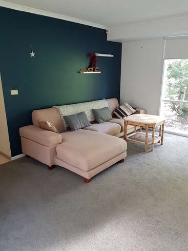Esta aconchegante sala de estar tem um sofá modular rosa claro, uma parede de destaque em azul-petróleo, almofadas decorativas, uma mesinha de madeira, uma estante, uma janela grande e um tapete cinza claro.
