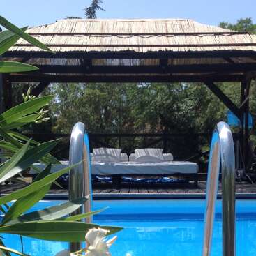 A refreshing blue swimming pool with metal handrails, green plants nearby, and a shaded wooden cabana in the background featuring two white lounge chairs. Relaxing atmosphere.