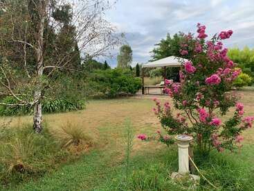 Uma cena tranquila no jardim com uma árvore de crepe myrtle rosa em flor, um gazebo branco, árvores, grama verde e uma fonte rústica sob um céu nublado.