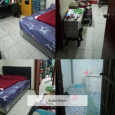 El collage de imágenes muestra una ordenada habitación de invitados con cama, almohadas, ropa de cama con motivos de estrellas, mesitas auxiliares y un cuarto de baño adyacente con servicios básicos y suelo de baldosas.