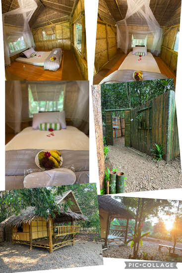 Esta colagem de imagens mostra uma cabana rústica de bambu com uma cama aconchegante, mosquiteiro, banheiro ao ar livre, um entorno exuberante, uma bandeja de frutas e uma atmosfera tranquila e repleta de natureza.
