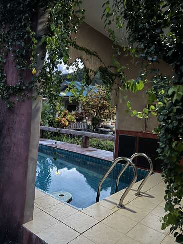 Uma piscina ao ar livre tranquila está cercada por trepadeiras e vegetação exuberante, com vista para um jardim colorido e uma casa de telhado azul ao fundo.