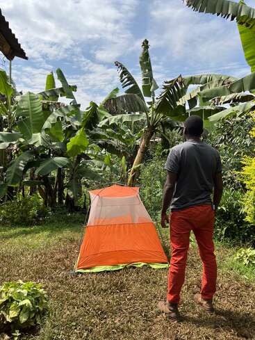 The image depicts a man standing in front of an orange tent in a lush, tropical garden, surrounded by banana trees and other greenery on a sunny day.