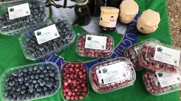 Des barquettes en plastique remplies de myrtilles fraîches et de baies rouges, des pots de confiture et des bouteilles de jus sont disposés sur un présentoir recouvert d'une nappe verte et blanche.