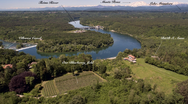 Dieses Luftbild zeigt üppig grüne Felder, den sich schlängelnden Ticino, den Villoresi-Kanal, Heidelbeerfelder, das B&B S. Anna, den umliegenden Wald und die Monte-Rosa-Gipfel in der Ferne.