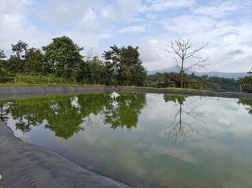 A serene artificial pond lined with black plastic reflects surrounding trees, blue sky, and clouds, bordered by lush greenery and hills, creating a peaceful landscape.