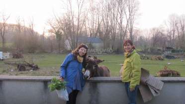 Das Bild zeigt zwei Frauen, die vor einem Esel stehen, wobei die Frau auf der linken Seite einen Sack mit Grünzeug und die Frau auf der rechten Seite ein Strohbündel hält.