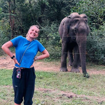 A smiling woman in a blue shirt stands happily in front of an elephant. They are outdoors, surrounded by green trees and grass, separated by a wire fence.