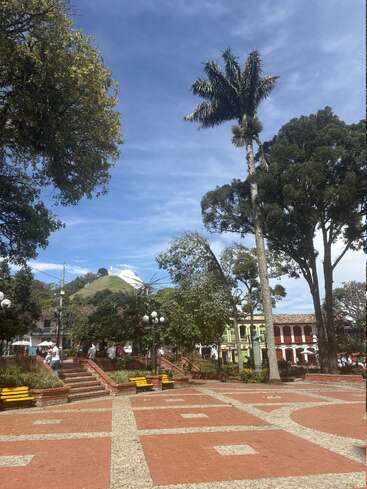 Ein malerischer Stadtplatz mit roten Backsteinwegen, gelben Bänken, üppigen grünen Bäumen, Kolonialgebäuden und einem entfernten Hügel mit einem weißen Kreuz unter blauem Himmel.