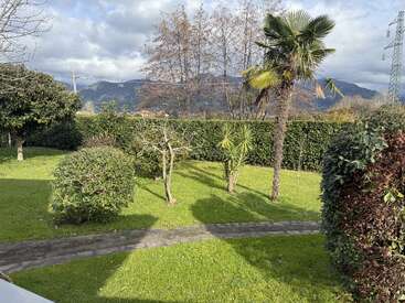 A lush green garden with various trees, bushes, and a palm tree. A stone path curves through the grass. Mountains and cloudy sky in the background.