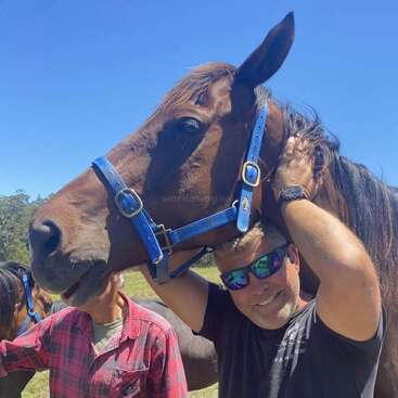 Um cara de óculos escuros sorri, colocando de brincadeira uma cabeça de cavalo nos ombros. Outra pessoa de roupa xadrez fica por perto. A cena é ao ar livre, sob um céu azul claro.