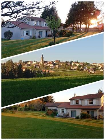 Essa colagem mostra uma cena tranquila do campo, com casas charmosas, gramados verdes, árvores e uma vila pitoresca com a torre de uma igreja sob um céu azul.