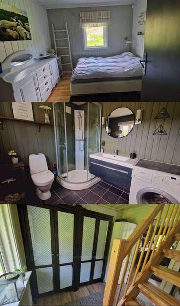 Die Bilder zeigen ein gemütliches Schlafzimmer, ein modernes Badezimmer mit Dusche, einen geräumigen Kleiderschrankbereich, eine stilvolle Einrichtung, eine Holztreppe, eine Waschmaschine und natürliches Licht durch die Fenster.