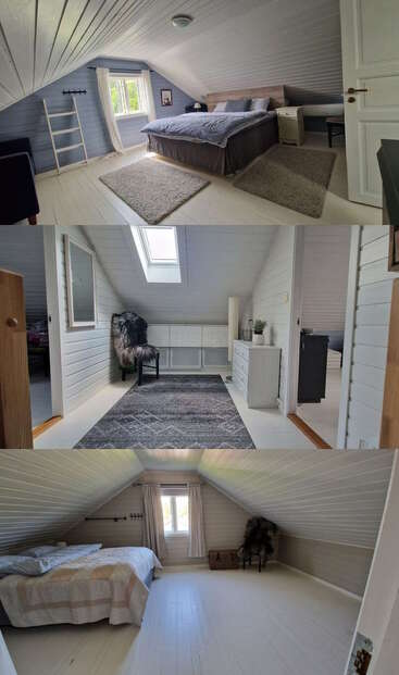Diese Bilder zeigen ein gemütliches Schlafzimmer und einen Flur im Dachgeschoss mit schrägen Decken, minimalistischer Einrichtung, weichen Teppichen, Holzböden, neutralen Farben, Fenstern und einladendem Tageslicht.