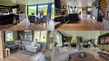 Dieses Bild zeigt eine moderne, geräumige, offene Wohnung mit großen Fenstern, Holzböden, stilvollen Möbeln, gemütlichen Sitzecken, einer modernen Küche und natürlichem Licht.