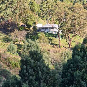 L'image représente une maison blanche sereine avec un porche enveloppant, nichée parmi les arbres sur le flanc d'une colline, entourée d'une verdure luxuriante et d'un paysage naturel dynamique.