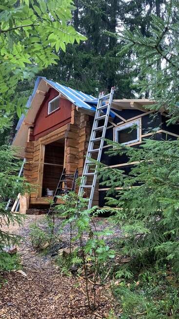 Se está construyendo una cabaña rústica de madera en un frondoso bosque. Hay escaleras apoyadas contra la estructura y se ven herramientas en el interior. Un entorno natural tranquilo.