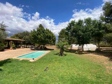 Das Bild zeigt einen ruhigen Garten mit einem rechteckigen Pool, üppigem Gras, Bäumen und einem überdachten Terrassenbereich vor einem blauen Himmel mit weißen Wolken.