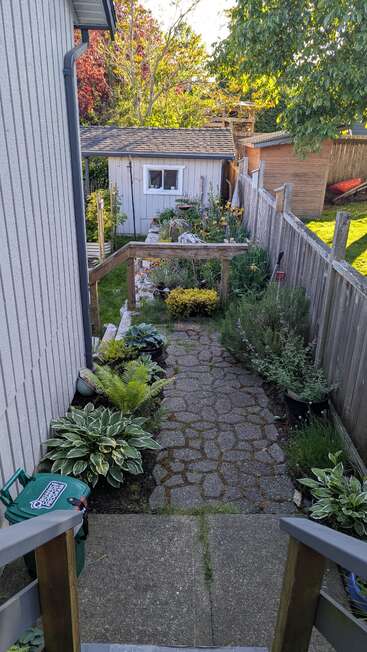 Ein üppiger, gepflegter Gartenweg führt zu einem kleinen Schuppen. Grüne Pflanzen und Blumen säumen den Weg, der von einem Holzzaun und Bäumen umgeben ist.