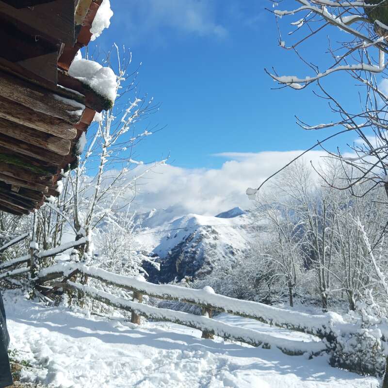 Una rústica cabaña de madera domina un impresionante paisaje nevado con montañas a lo lejos, árboles desnudos, una valla de madera y un cielo azul claro y brillante.