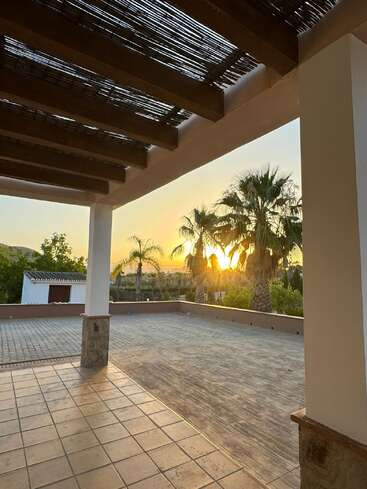 Un patio carrelé avec une pergola en bois surplombe les palmiers et un coucher de soleil serein. La lumière chaude du soleil filtre à travers le patio, créant une atmosphère extérieure paisible et accueillante.