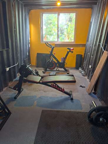 Cette photo montre une petite salle de sport à domicile équipée d'un banc de musculation, d'un vélo d'appartement, d'haltères et d'une fenêtre laissant entrer la lumière naturelle, le tout sur fond de murs jaunes et noirs.