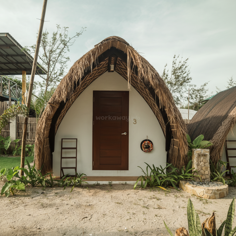 Uma cabana pequena e aconchegante com telhado de palha e porta de madeira fica em um terreno arenoso, cercada por vegetação e plantas, evocando uma atmosfera tropical tranquila.